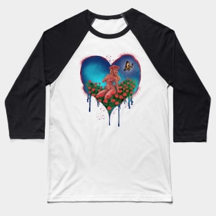 LOVE HEART with BUTTERFLY and ROSES - Graffiti Style (Blue) Baseball T-Shirt